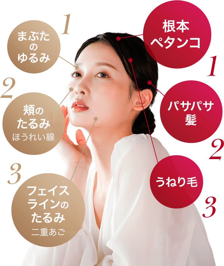 まぶたのゆるみ,頬の
たるみ,フェイスラインのたるみ,根本ペタンコ,パサパサ髪,うねり毛